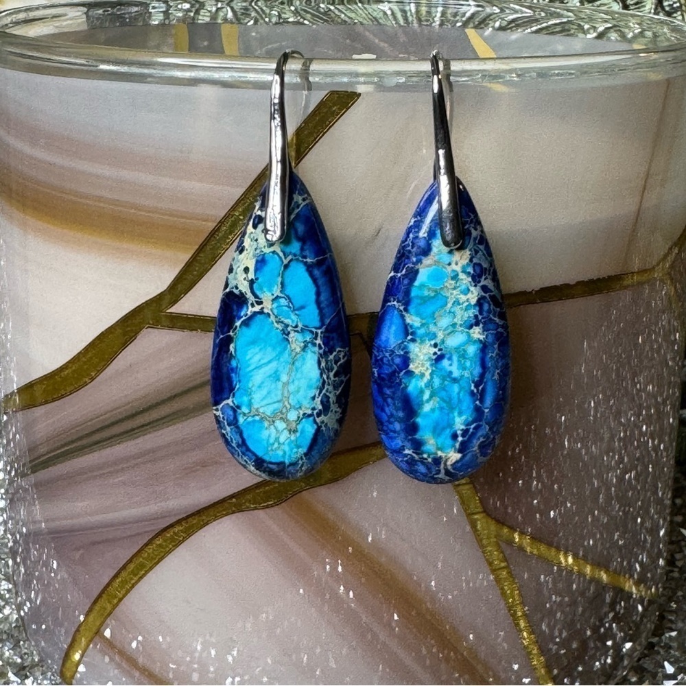 Silver & Blue Natural Imperial Stone Water Drop Tear Drop Earrings Nwt - Picture 2 of 9